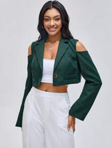 CAYCEE BLACK 设计师商务休闲露肩单扣短款西装外套，适合假日、度假、外出、春季、节日、伊比萨岛风、办公室 - 墨綠色 - 查看 6