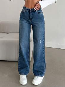 EURMUSE Women's Zipper Fly Denim Jeans - Dark Wash - View 1