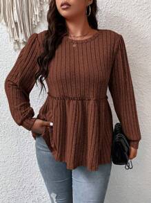 Flirla Talla grande Camiseta unicolor ribete fruncido peplum - Café integral - Ver 5