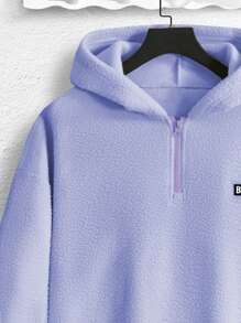 Manfinity Homme Áo hoodie Teddy rộng rãi có dây kéo vá chữ phía trước cho nam, dành cho quần vợt, áo hoodie màu tím cho nam, áo hoodie kéo khóa 1/4 cho nam, áo hoodie Sherpa cho nam - Màu tím hoa cà - Xem 3