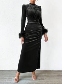 SHEIN Privé Của phụ nữ Nhung Đầm Với Cắt tỉa Cổ tay áo , Đứng cổ áo Và Xếp - màu đen - Xem 6