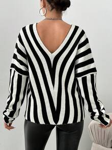 SHEIN 女士v領條紋毛衣 - 黑與白 - 查看 2