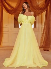 Organza Chiffon One-Shoulder Prom Party Dress - Yellow - View 5