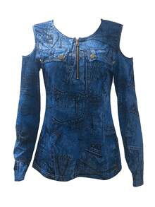 秋季歐美風格性感v領印花拉鍊女t恤女裝 - 藍色 - 查看 3