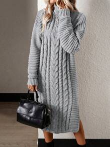SHEIN LUNE Women'S Drop Shoulder Knitted Sweater Dress - Grey - View 1