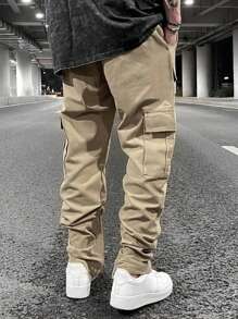 Claim Dot Calça Cargo Casual Masculina de Cor Sólida com Bolso de Aba, Calça Longa Folgada Cáqui com Cordão, Presente para Marido e Namorado - Caqui - Visão 2
