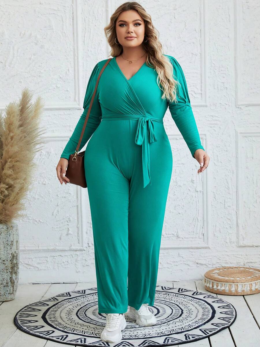 EMERY ROSE Plus Size Solid Color V-neck Long Sleeve Jumpsuit - Green - View 1