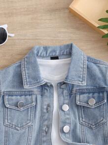 SHEIN Vintaside Kids Baby Girl Neutral Casual Basic Daily Light Wash Button Fastening Denim Jacket - Light Wash - View 6