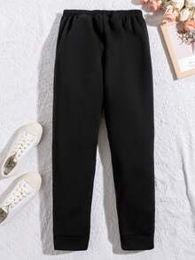 SHEIN 女童印花設計長褲,適合青少年 - 黑色 - 查看 2