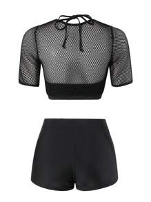 Swim SPRTY Summer Beach 2pcs/Set See-Through Mesh Splice Swimwear - Black - View 5