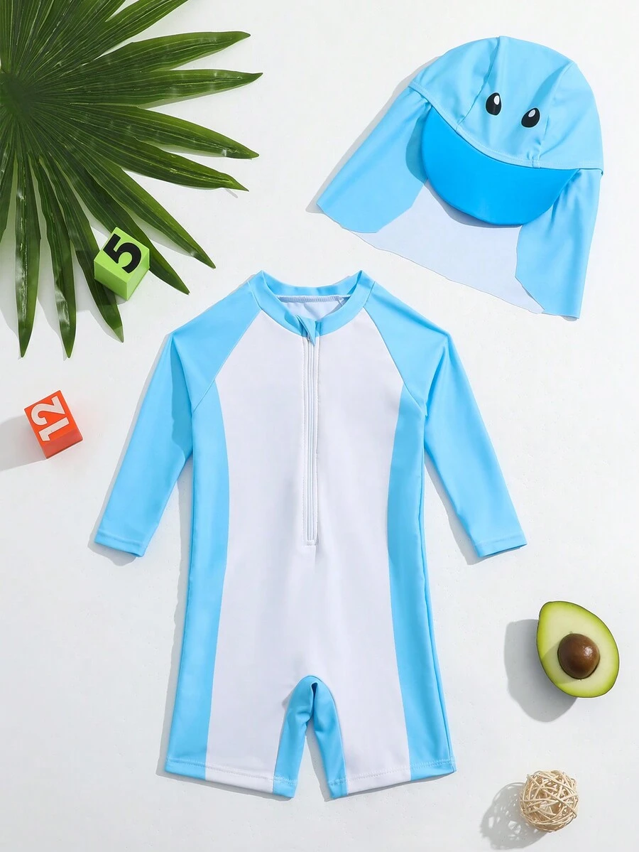 Em bé Con trai Một miếng Áo bơi Với In Thiết kế Và In ngẫu nhiên + Mũ - Màu xanh lam - Xem 1