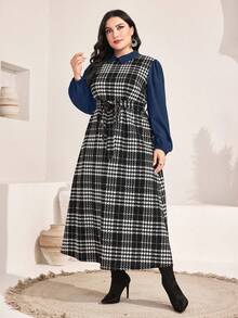 Mulvari 大尺碼女千鳥格襯衫連身裙 - 藏蓝色 - 查看 6