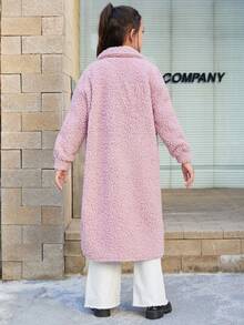 SHEIN 青少女純色針織毛絨長袍,鬆身休閒外套,設有雙口袋 - 淺粉色 - 查看 2