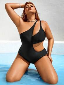 Swim SXY 大码女式单肩镂空连体泳衣 - 黑色 - 查看 4