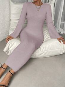Chiquease Vestido Ajustado De Suéter Con Mangas Acampanadas - Morado - Ver 5