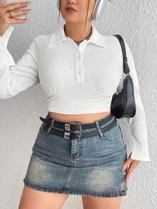 Flirla Plus Size Long Sleeve Turn-down Collar T-shirt - White - View 5