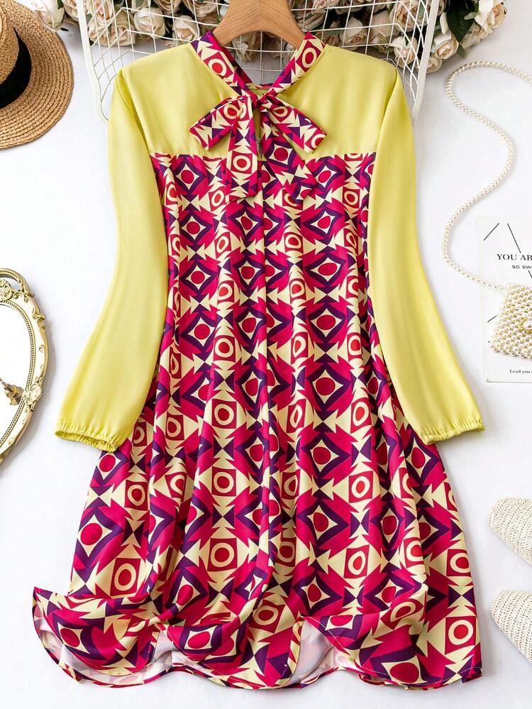 Women's Plus Size Geometric Pattern Stand Collar Dress