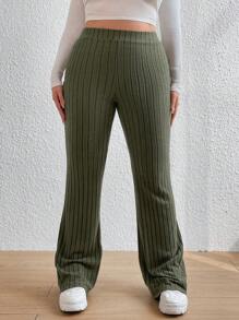 Flirla Plus Size Ribbed Knit Flared Trousers - Army Green - View 3