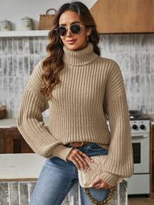 SHEIN Essnce High Neck Drop Shoulder Sweater - Khaki - View 4
