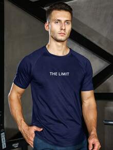 Manfinity Athleisure 男士標語印花運動T恤，健身上衣 - 藏蓝色 - 查看 3