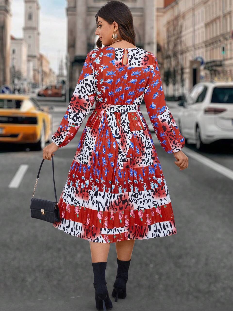 Plus Size Leopard & Floral Print Splicing Lantern Sleeve Belted Dress