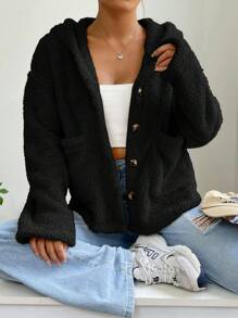 SHEIN EZwear Của phụ nữ Sang trọng Nút lên áo có mũ Áo khoác - màu đen - Xem 1