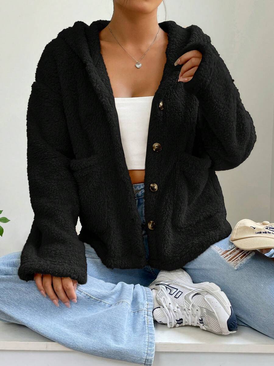 SHEIN EZwear Của phụ nữ Sang trọng Nút lên áo có mũ Áo khoác - màu đen - Xem 1