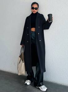 EURMUSE Women's Double Breasted Long Woolen Coat - Navy Blue - View 4