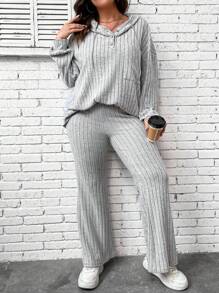 SHEIN LUNE Plus Drop Shoulder Drawstring Hoodie & Pants - Light Grey - View 6