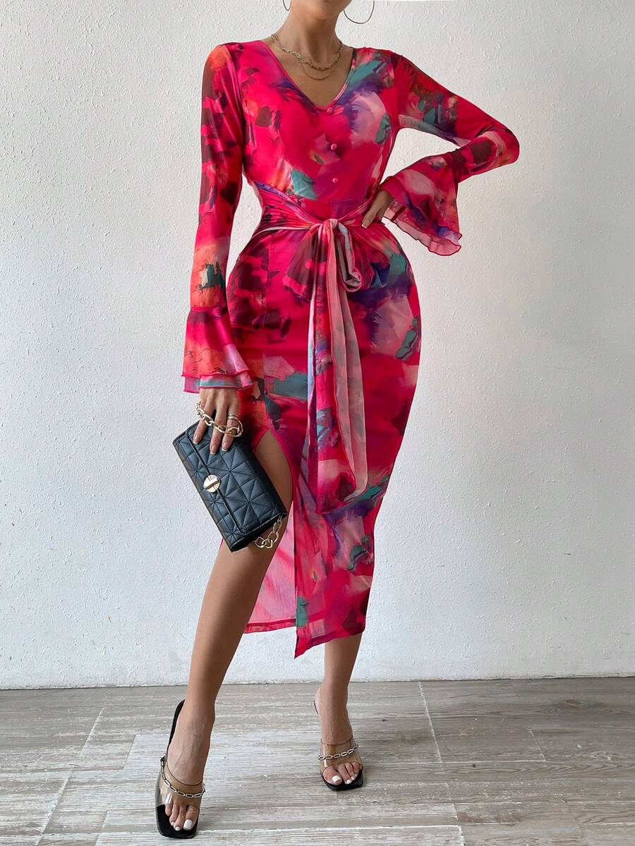 SHEIN Privé In toàn bộ Cổ chữ V Có nút & Self-Tie Thắt lưng & Khe Chi tiết Tay áo dài Đầm - Đỏ - Xem 1