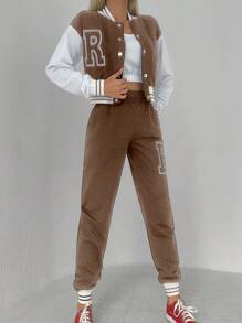 Cottnline Letter Graphic Zip Up Jacket & Joggers - Mocha Brown - View 6