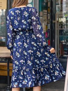 SHEIN Frenchy 1pc Floral Print Lantern Sleeve Ruffle Hem Belted Dress - Multicolor - View 2