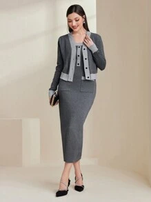 Modelyn Colorblock Button Detail Sweater Dress And Cardigan - Multicolor - View 6