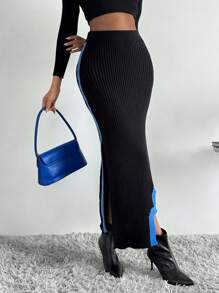 SHEIN Privé Contrast Trim Split Hem Knit Skirt - Multicolor - View 1