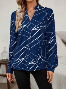SHEIN LUNE Notched Collar Geometric Print Shirt With Frill Trimmed - Navy Blue - View 1