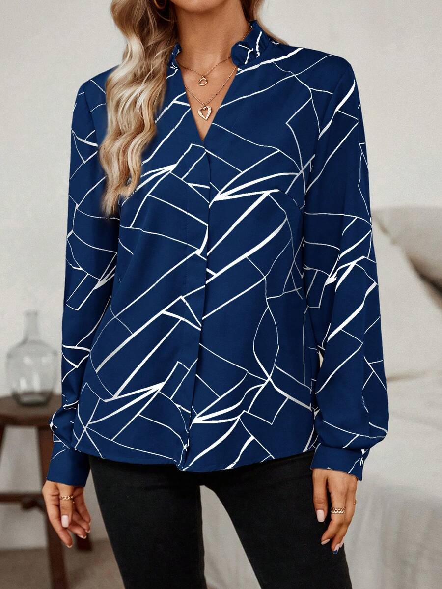 SHEIN LUNE Notched Collar Geometric Print Shirt With Frill Trimmed - Navy Blue - View 1