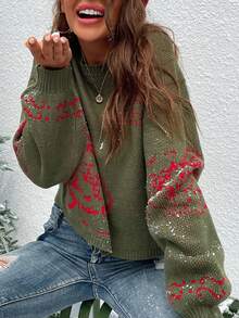 SHEIN LUNE 女用休閒花卉圖案毛衣 - 軍綠色 - 查看 3