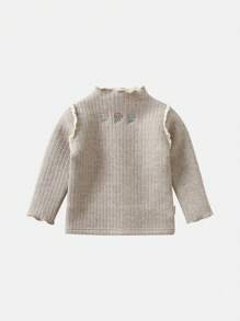 Girls' Floral Embroidered Drop Shoulder Ribbed Sweater - Khaki - View 1