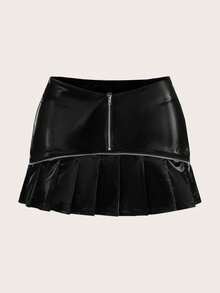 SHEIN ICON 寬百褶半身裙帶金屬質感標識裝飾 - 黑色 - 查看 2