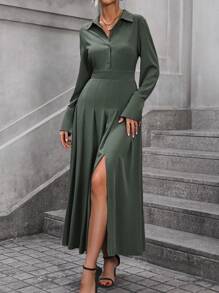 SHEIN Clasi 女式高開叉襯衫洋裝 - 綠色 - 查看 3