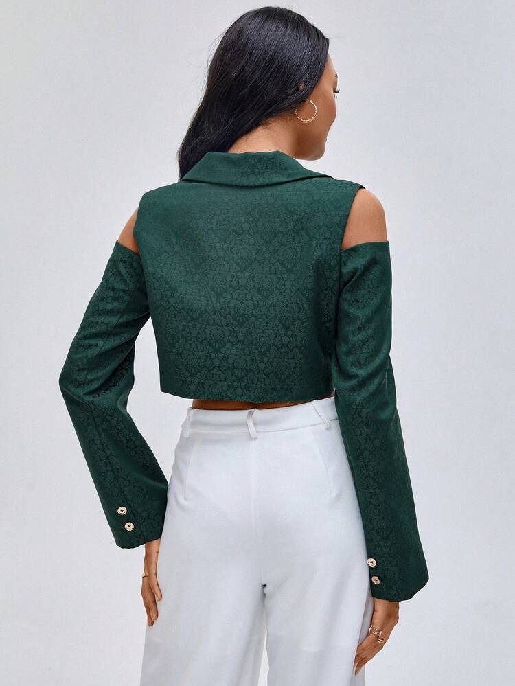 Designer Business Casual Cold Shoulder Single Button Crop Blazer, For Holiday, Vacation, Going Out, Spring, Festival, Ibiza Fits, Office