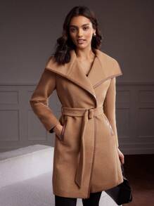 MOTF Classy 瀑布領式長大衣帶領款 - 卡其色 - 查看 10