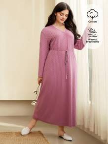 Mulvari 大碼棉素色V領繫腰帶洋裝 - 紫色 - 查看 1