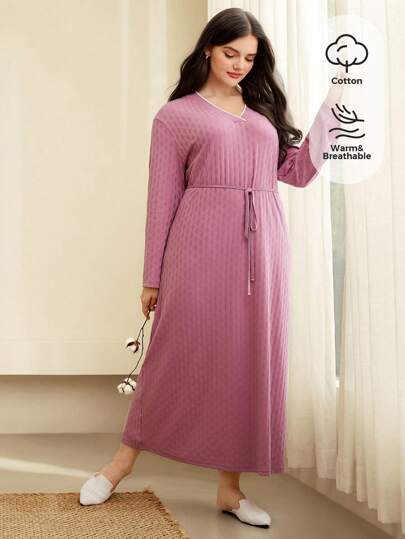 Mulvari Plus Cotton Solid V Neck Belted Dress