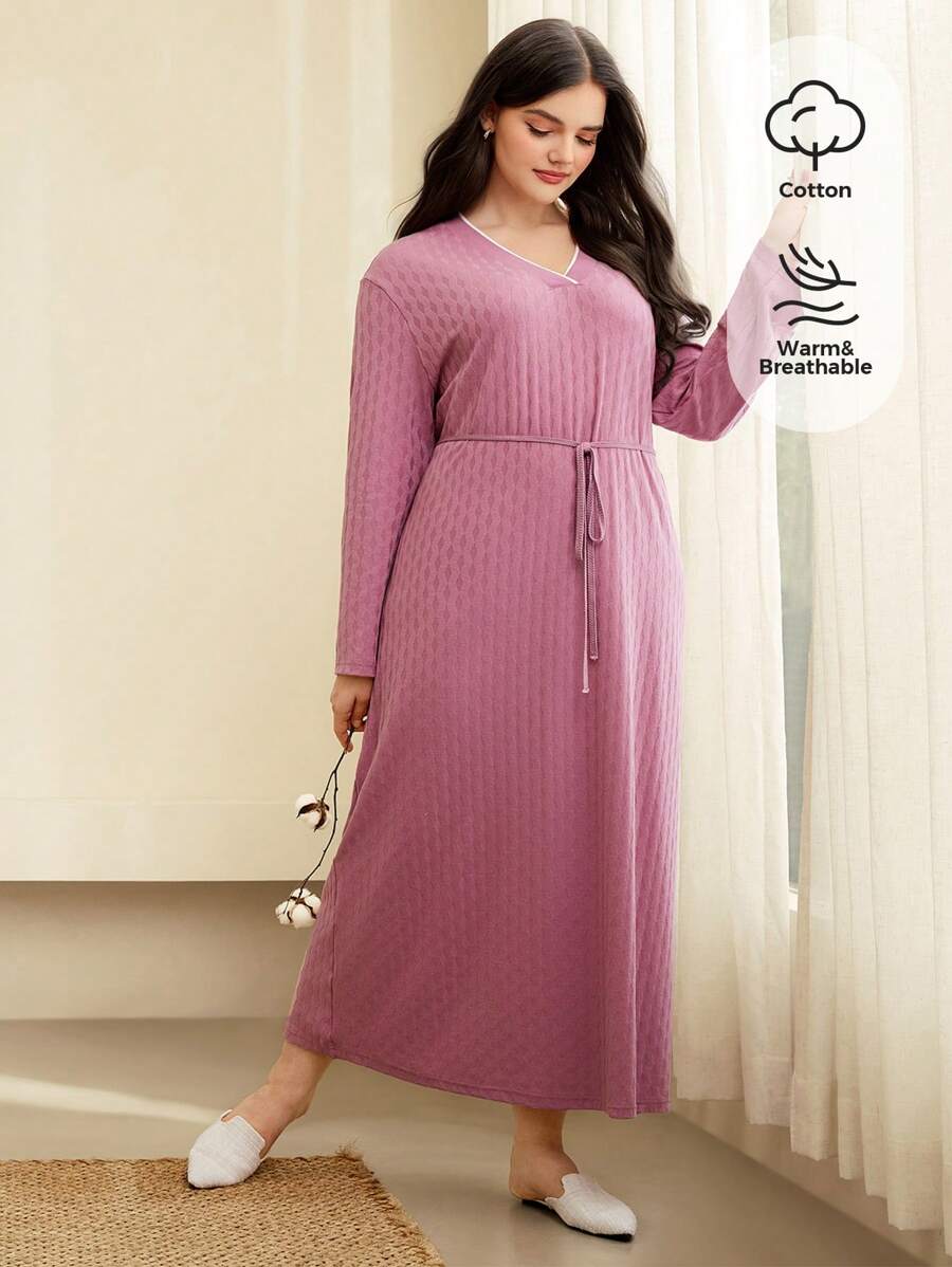 Mulvari 大碼棉素色V領繫腰帶洋裝 - 紫色 - 查看 1