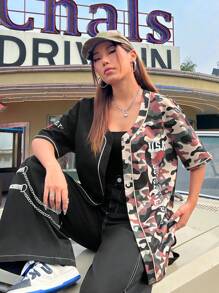 SHEIN EZwear Camouflage Splicing Women's Shirt - Army Green - View 6