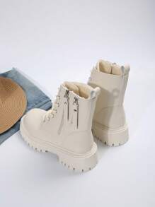 女士保暖内衬战斗靴，纯色双拉链短靴，冬季保暖户外靴 - 米色 - 查看 2
