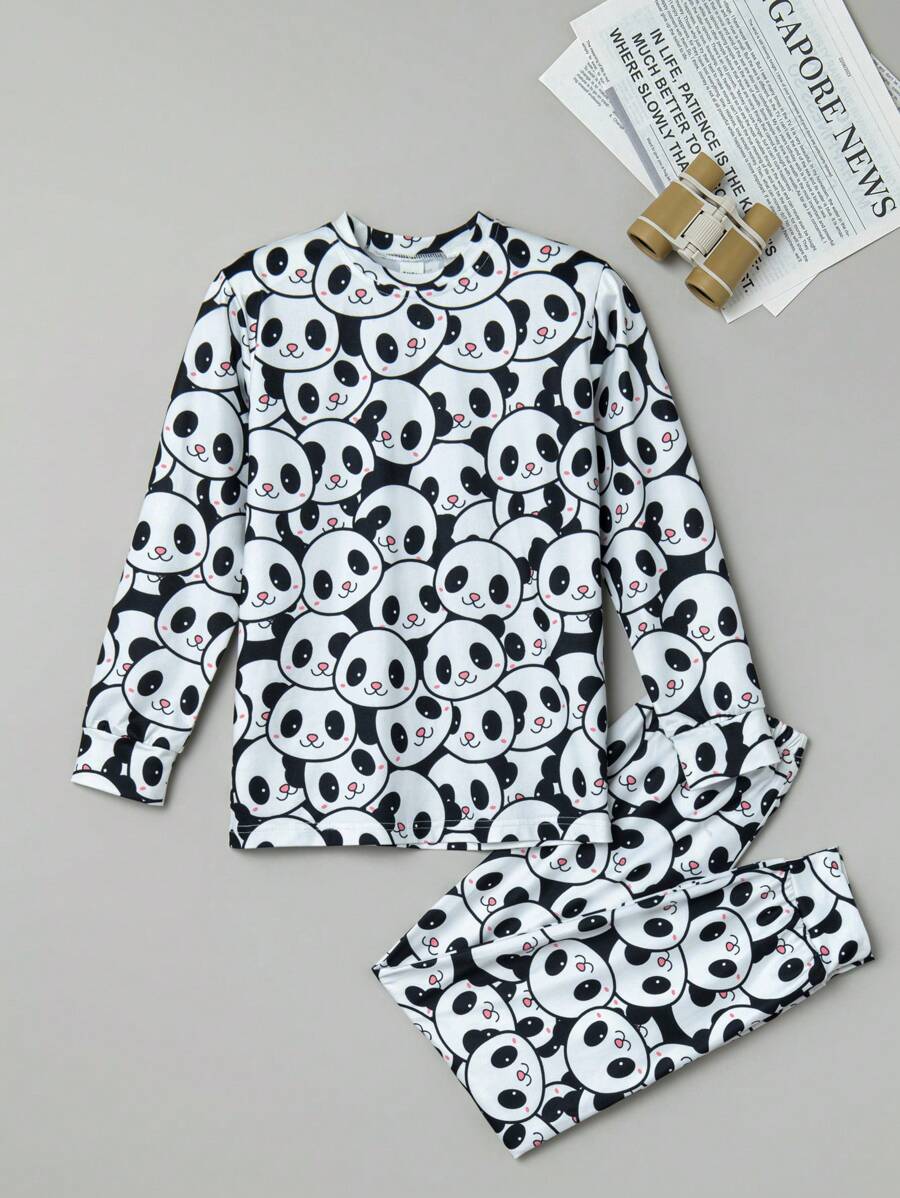 青少年男孩經典格子全印花字母標誌長袖長褲睡衣套裝 - 黑與白 - 查看 1