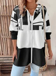 SHEIN LUNE Của phụ nữ Kích thước lớn Hình học In Dây kéo áo có mũ Áo khoác - Nhiều màu - Xem 1