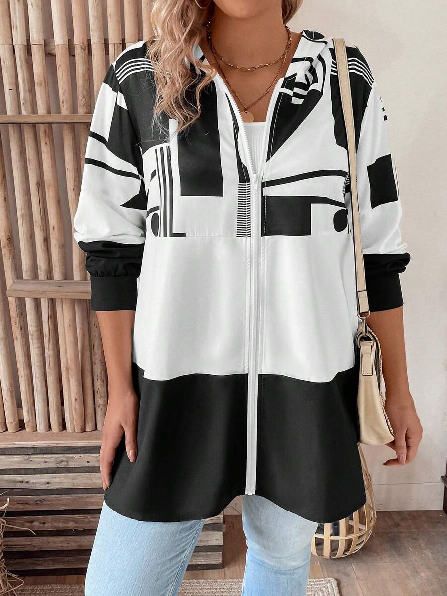 SHEIN LUNE Của phụ nữ Kích thước lớn Hình học In Dây kéo áo có mũ Áo khoác - Nhiều màu - Xem 1